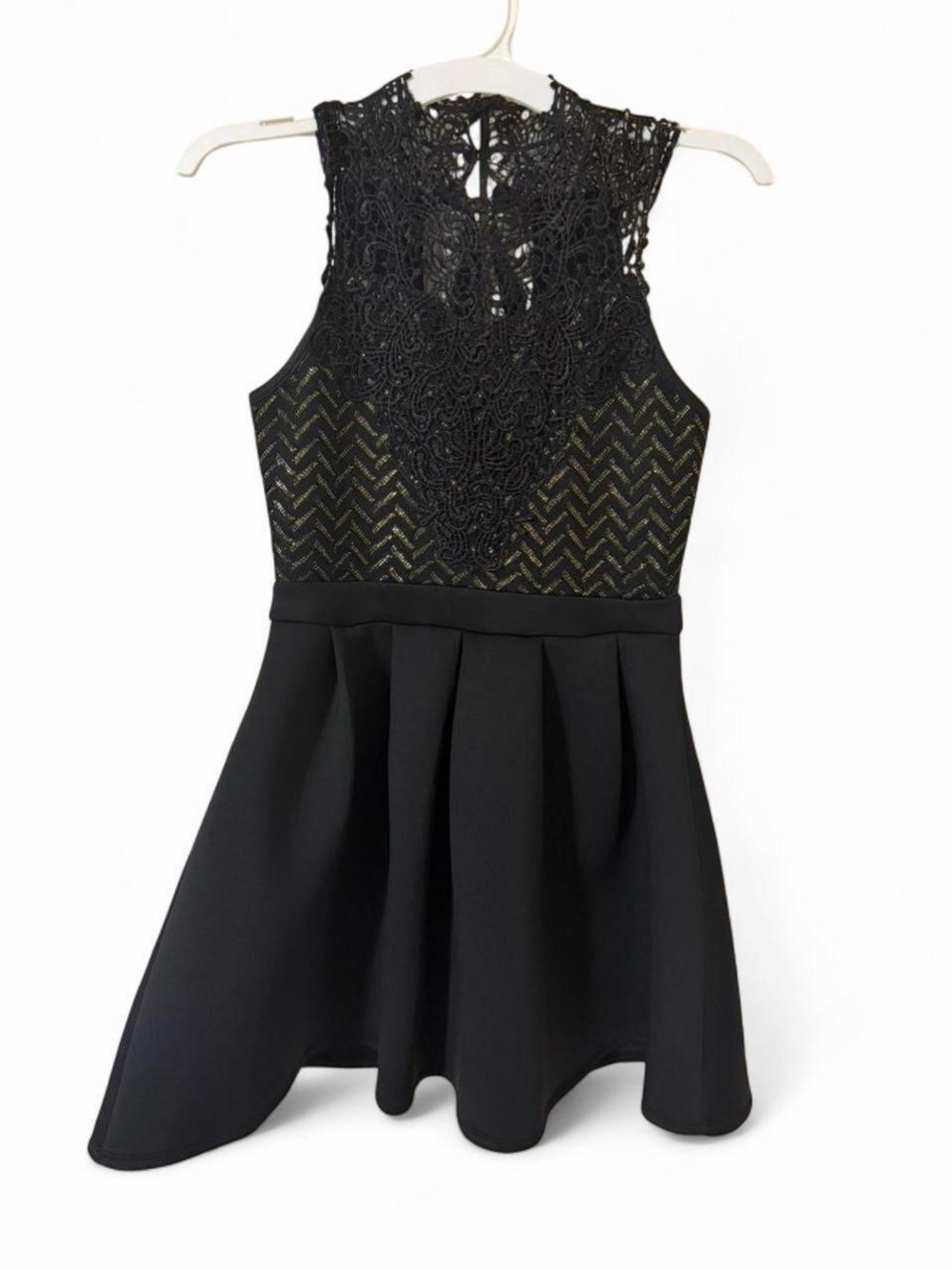 Rare Editions Black Lace Yoke Dress with Metallic Chevron Bodice